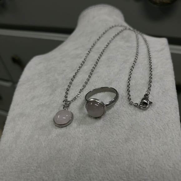 Rose Quartz Necklace & Ring Set Natural Gemstone Adjustable Stainless-Steel Ring - Picture 8 of 11